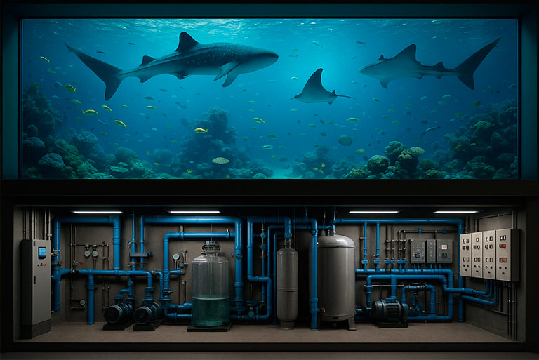 Схема системы озонирования морского коммерческого аквариума с озонатором, ORP‑контролем и дегазацией