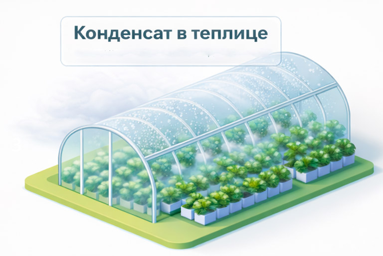 схема конденсата в теплице ночью и утром: капли на покрытии и повышенная влажность в пологе растений