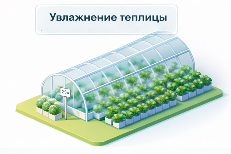 Схема теплицы с системой увлажнения и равномерным распределением влажного воздуха над растениями