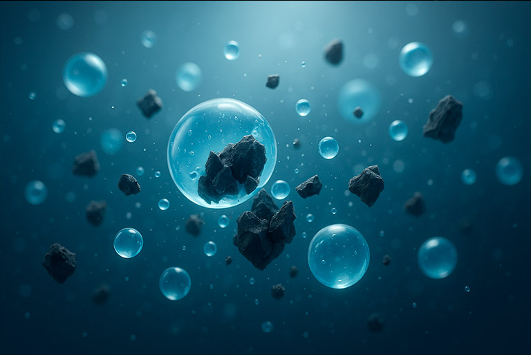 Схема взаимодействия микрокапель воды и частиц пыли при туманообразовании