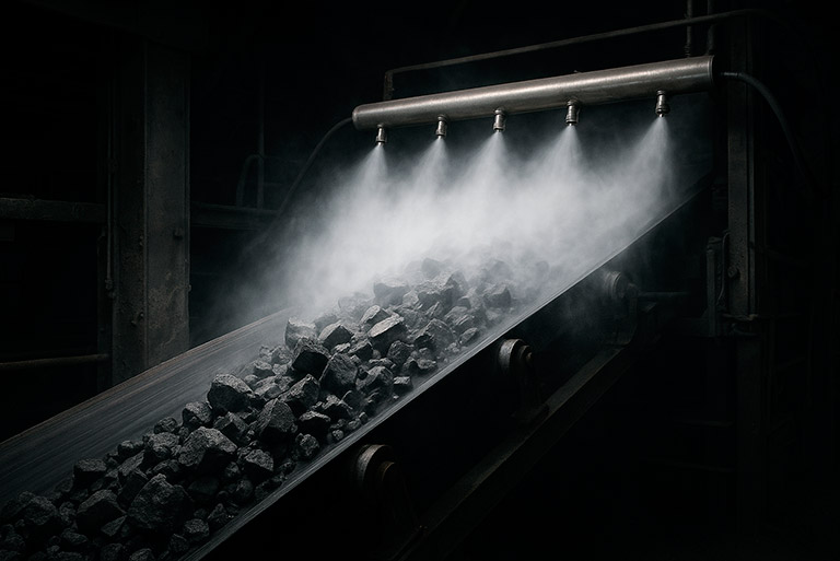 Работа системы водяного пылеподавления туманом на узле пересыпки конвейера