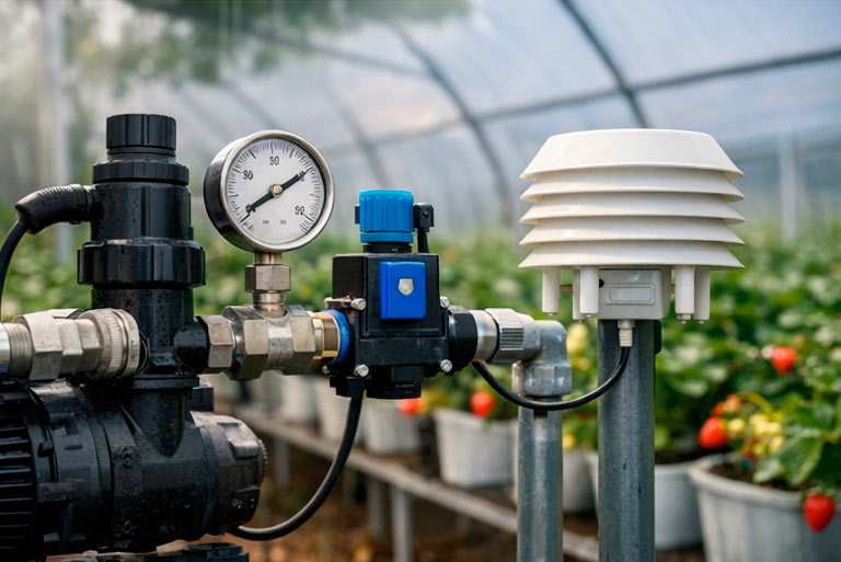 Узел промышленной системы увлажнения и датчик температуры и влажности в теплице