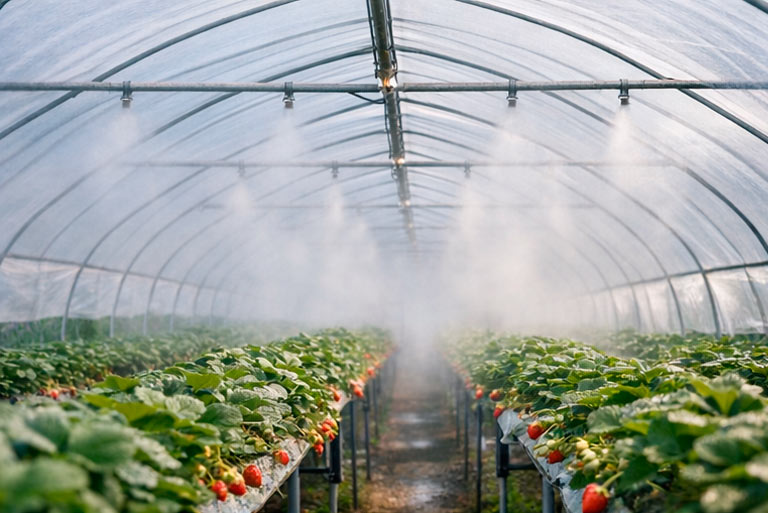 Теплица с клубникой и системой микротумана для контроля влажности и температуры