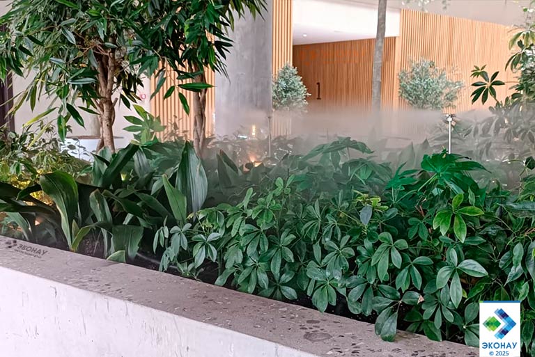 Равномерное распыление влаги над интерьерной растительностью