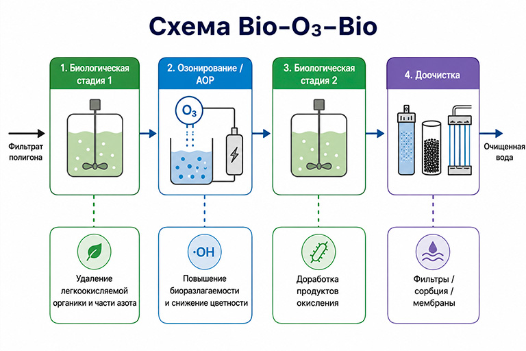 Схема очистки воды полигонов ТБО bio-o3-bio