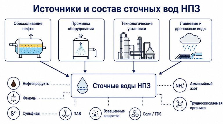 Источники и состав сточных вод нефтехимических производств