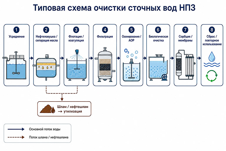 Усредненная схема очистки сточных вод НПЗ